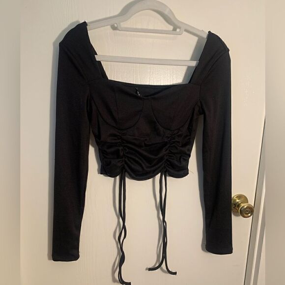 Shein EUC black ribbed cinched front long sleeve crop top Size Small - Picture 1 of 5